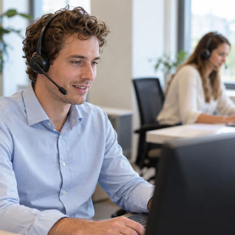 Man bij helpdesk van Rightspot helpt klanten of rechtzoekende met hun prangende vragen over juridische kwestie.